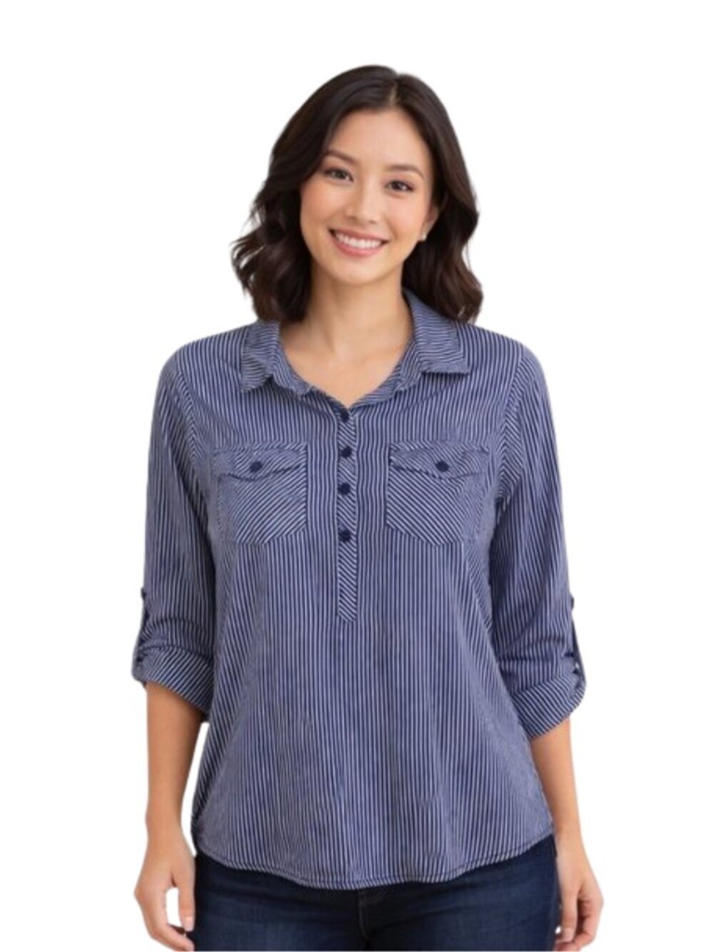 Eden & Olivia Medium Petite Striped Button Front Blouse | Blue White